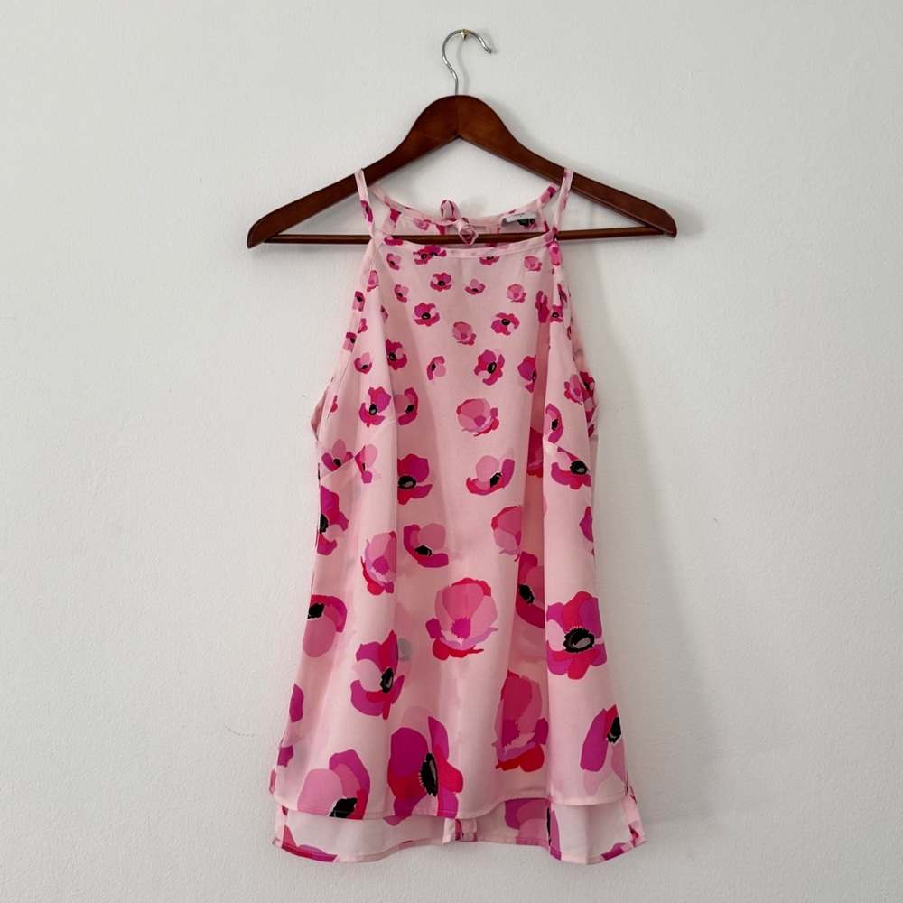 Cabi Pink Floral Poppy Halter Tank Top Sleeveless Blouse High Neck S